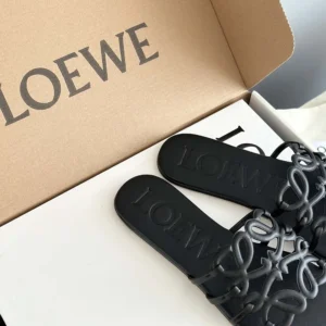 Loewe Women Petal Anagram Slide in Soft Calfskin-Black