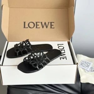Loewe Women Petal Anagram Slide in Soft Calfskin-Black