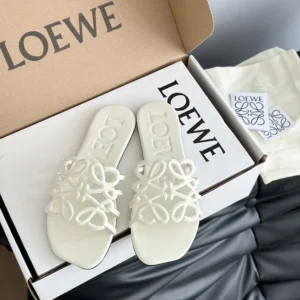 Loewe Women Petal Anagram Slide in Soft Calfskin-White