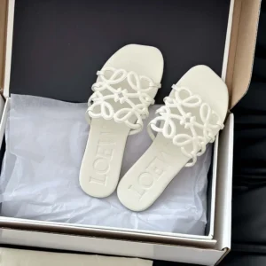 Loewe Women Petal Anagram Slide in Soft Calfskin-White