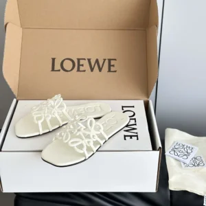 Loewe Women Petal Anagram Slide in Soft Calfskin-White