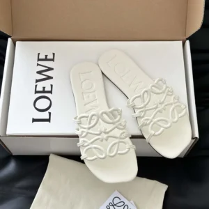 Loewe Women Petal Anagram Slide in Soft Calfskin-White