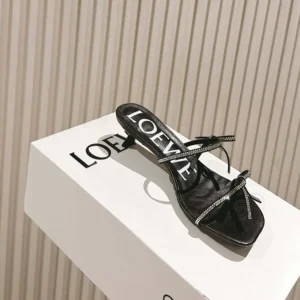 Loewe Women Petal Sandal in Suede and Rhinestones-Black