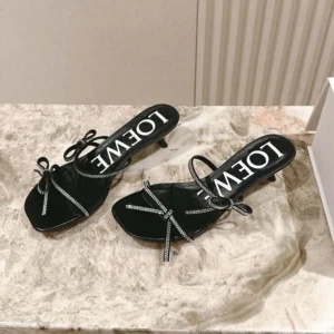 Loewe Women Petal Sandal in Suede and Rhinestones-Black