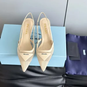 Prada Women Mesh Fabric Slingback Pumps-Beige 1I891N
