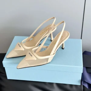 Prada Women Mesh Fabric Slingback Pumps-Beige 1I891N