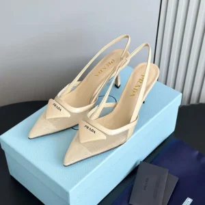 Prada Women Mesh Fabric Slingback Pumps-Beige 1I891N