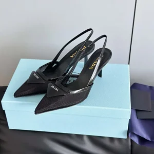 Prada Women Mesh Fabric Slingback Pumps-Black 1I891N