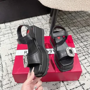 Roger Vivier Women Slidy Viv' Wedge Sandals in Leather-Black