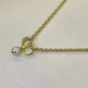 Dior Women Petit CD Necklace Gold-Finish Metal and White Resin Pearl