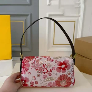 Fendi Women Baguette Canvas Bag with Coral Bandana Embroidery