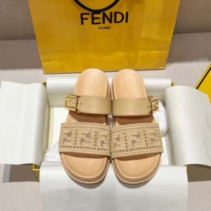 Fendi Women Feel Mesh Slides with Raffia FF Embroidery