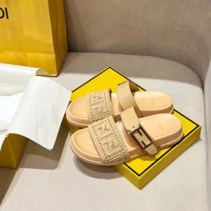 Fendi Women Feel Mesh Slides with Raffia FF Embroidery