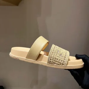 Fendi Women Feel Mesh Slides with Raffia FF Embroidery