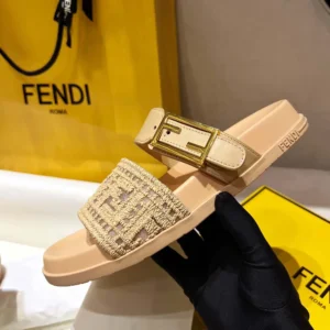 Fendi Women Feel Mesh Slides with Raffia FF Embroidery