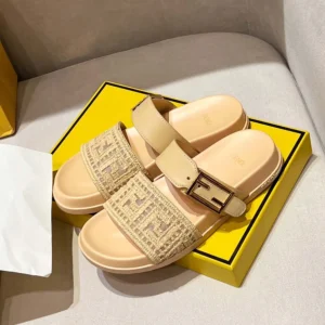 Fendi Women Feel Mesh Slides with Raffia FF Embroidery