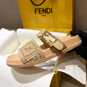 Fendi Women Feel Mesh Slides with Raffia FF Embroidery