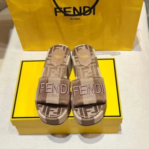 Fendi Women Sunshine Dove Gray Denim-effect Jacquard Flatform Slides