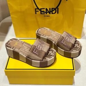 Fendi Women Sunshine Dove Gray Denim-effect Jacquard Flatform Slides
