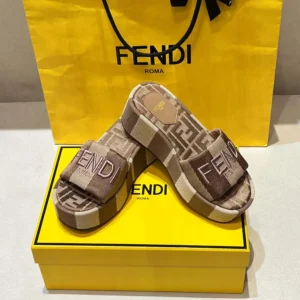 Fendi Women Sunshine Dove Gray Denim-effect Jacquard Flatform Slides