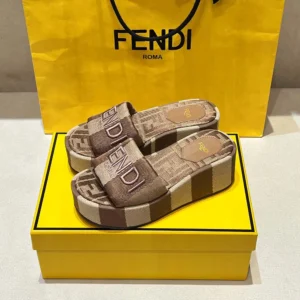 Fendi Women Sunshine Dove Gray Denim-effect Jacquard Flatform Slides