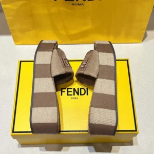 Fendi Women Sunshine Dove Gray Denim-effect Jacquard Flatform Slides