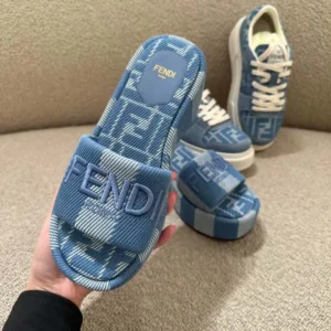 Fendi Women Sunshine Light Blue Denim-effect Jacquard Flatform Slides