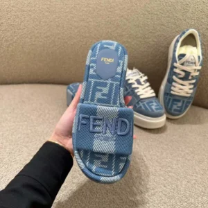 Fendi Women Sunshine Light Blue Denim-effect Jacquard Flatform Slides