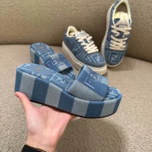 Fendi Women Sunshine Light Blue Denim-effect Jacquard Flatform Slides