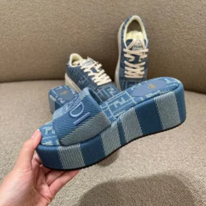 Fendi Women Sunshine Light Blue Denim-effect Jacquard Flatform Slides
