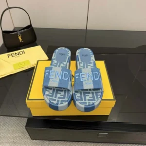 Fendi Women Sunshine Light Blue Denim-effect Jacquard Flatform Slides