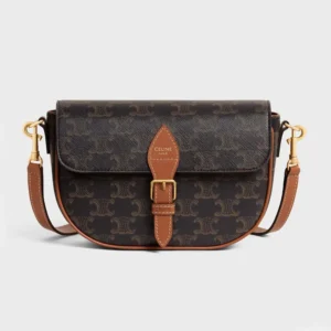 Celine Women Folco Shoulder Bag in Triomphe Canvas and Calfskin