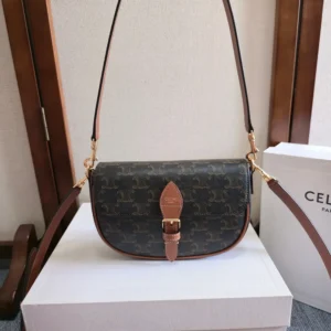 Celine Women Folco Shoulder Bag in Triomphe Canvas and Calfskin