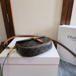 Celine Women Folco Shoulder Bag in Triomphe Canvas and Calfskin