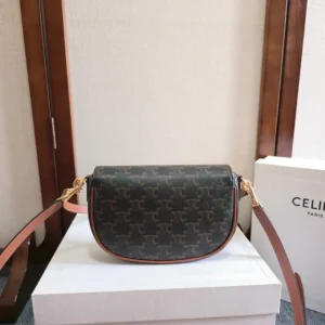 Celine Women Folco Shoulder Bag in Triomphe Canvas and Calfskin