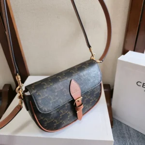 Celine Women Folco Shoulder Bag in Triomphe Canvas and Calfskin