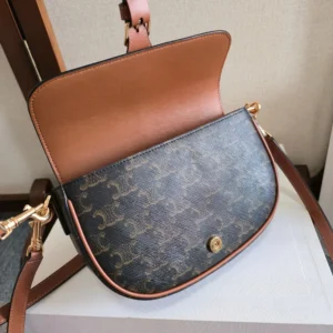 Celine Women Folco Shoulder Bag in Triomphe Canvas and Calfskin