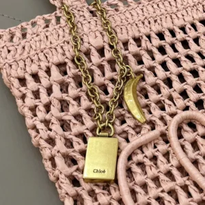 Chloe Women Small Summer Banana Tote Bag in Raffia-Pink