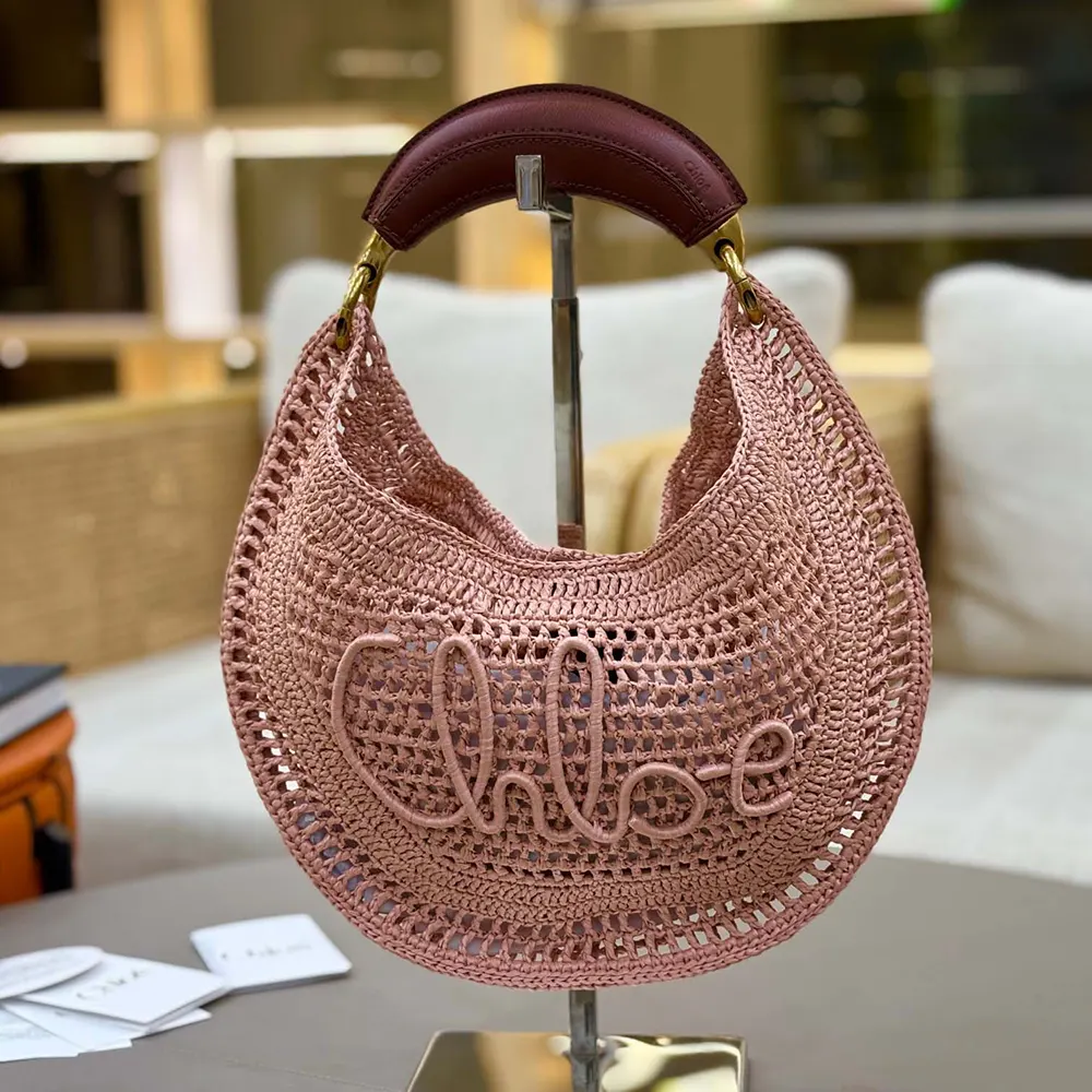 Chloe Women Summer Banana Hobo Bag In Raffia-Pink 3 Chloe Women Summer Banana Hobo Bag In Raffia-Pink