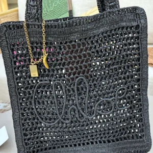Chloe Women Summer Banana Tote Bag In Raffia-Black