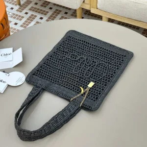 Chloe Women Summer Banana Tote Bag In Raffia-Black