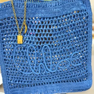 Chloe Women Summer Banana Tote Bag In Raffia-Blue
