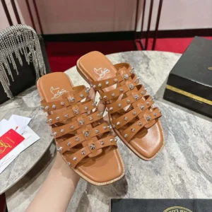 Christian Louboutin Women Charja Mules Waxed Calf Leather-Brown