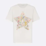 Dior Men T-Shirt White Cotton and Linen Jersey with Multicolor Dior Star Motif