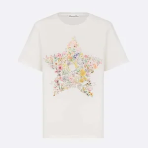 Dior Men T-Shirt White Cotton and Linen Jersey with Multicolor Dior Star Motif