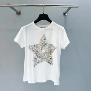 Dior Men T-Shirt White Cotton and Linen Jersey with Multicolor Dior Star Motif