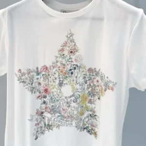 Dior Men T-Shirt White Cotton and Linen Jersey with Multicolor Dior Star Motif