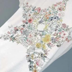 Dior Men T-Shirt White Cotton and Linen Jersey with Multicolor Dior Star Motif