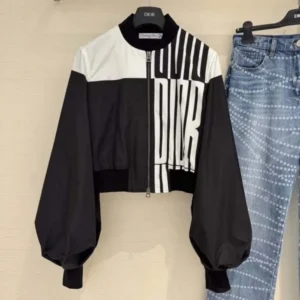 Dior Women Cropped Bomber Jacket with Bishop Sleeves Black and White Jacquard