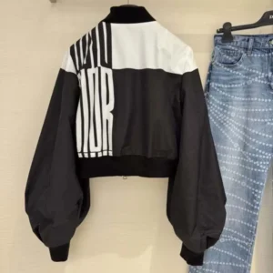 Dior Women Cropped Bomber Jacket with Bishop Sleeves Black and White Jacquard